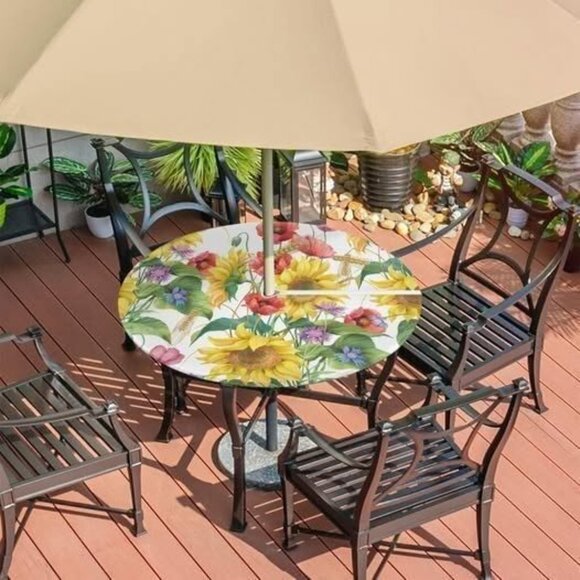 NWOT Sunflower & Poppy Outdoor Table Cover with Umbrella Hole - Picture 3 of 6